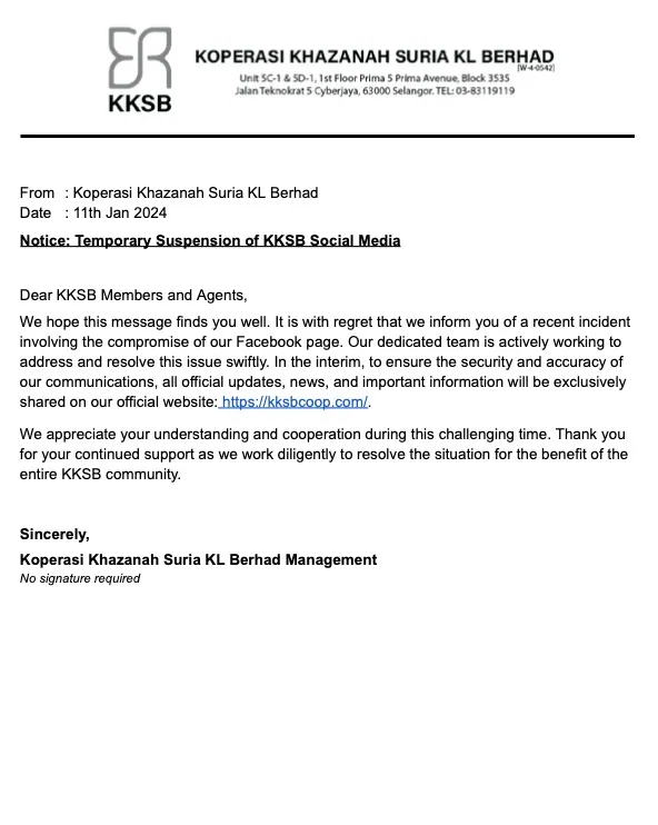 TEMPORARY SUSPENSION OF KKSB SOCIAL MEDIA